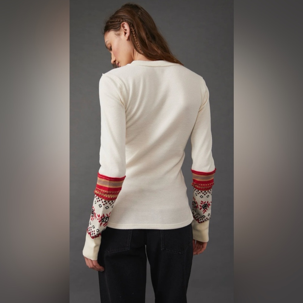Free People Mikah Layering Cuff Thermal Top XS Cream Combo Split Neck Boho EUC - Picture 2 of 7